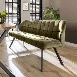 Dimehouse Industriële eetkamerbank Romy velvet 180 cm groen - 190x190x84 cm - Stof - Groen