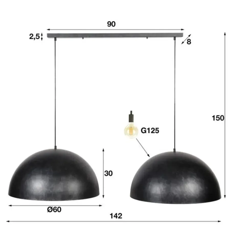 Hanglampen-Dimehouse Industriële hanglamp Dacia 2-lichts antraciet rond 60x142x150 cm Metaal
