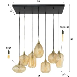 Dimehouse Industriële hanglamp Olaf amber 7-lichts glas - 38x95x150 cm - Amber color glas