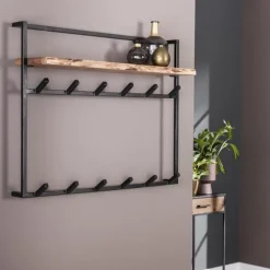 Kapstokken-Dimehouse Industriële kapstok Naomi 12 haken acaciahout metaal 30x100x80 cm Hout