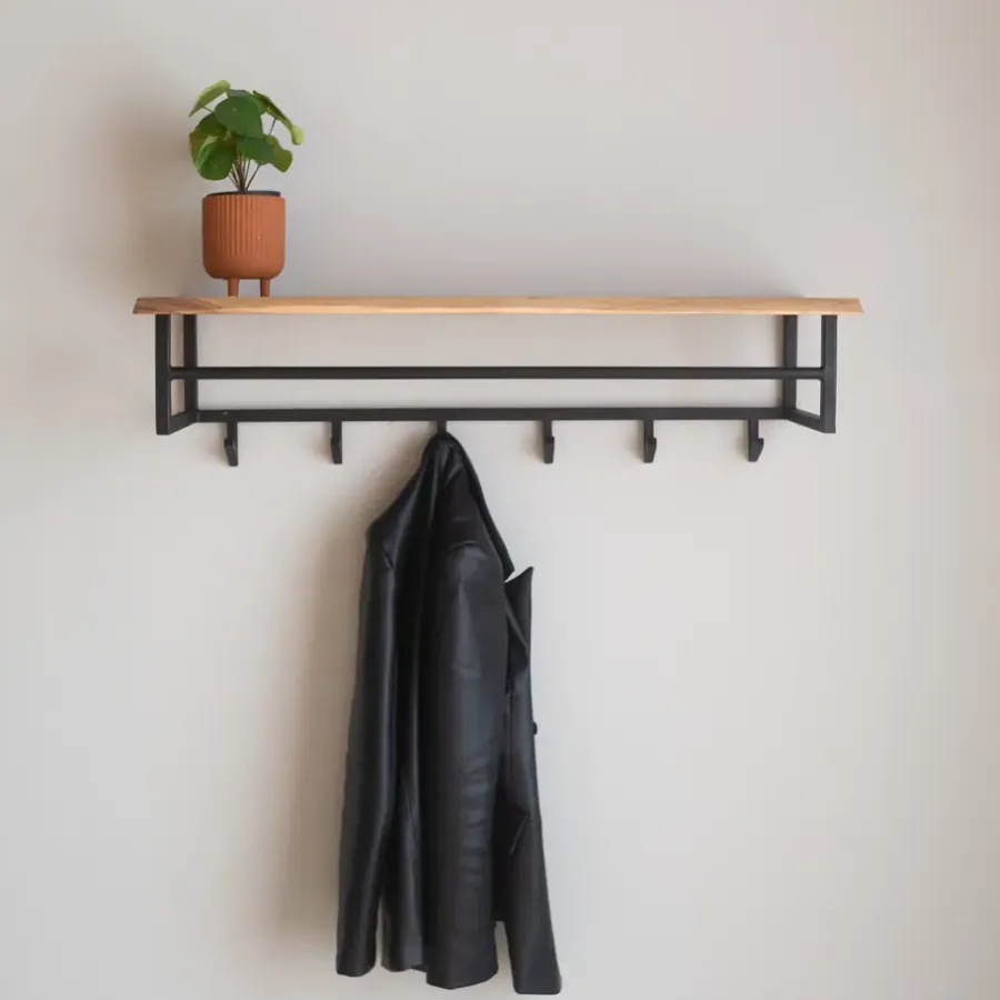 Dimehouse Industriële Kapstok Niels Hoedenplank acaciahout - 33x100x27 cm - Hout - Bruin