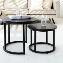 Dimehouse Industriële salontafel set van 2 Rosa zwart - 54x54x44 cm - Mangohout - Zwart
