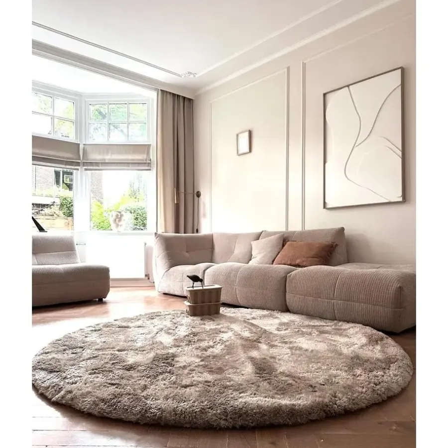 Ronde Vloerkleden-Interieur05 Rond Hoogpolig vloerkleed Odelia beige/wit - 200 x 200 cm