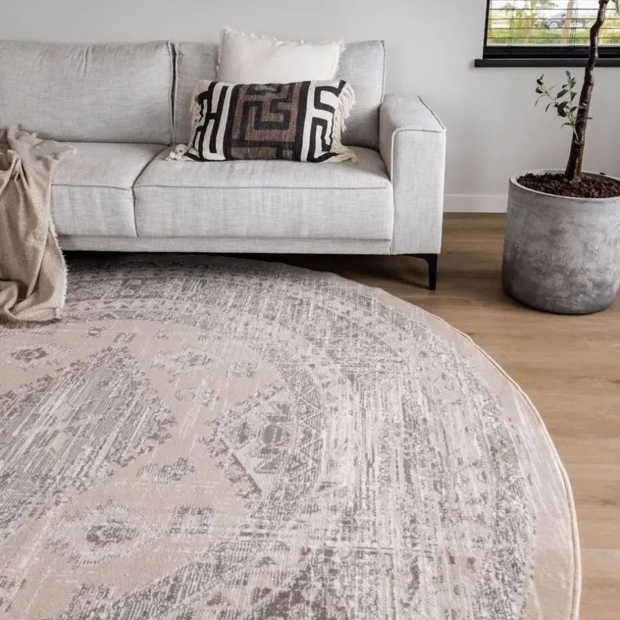 Laagpolige Vloerkleden|Ronde Vloerkleden-Interieur05 rond vintage Aila vloerkleed zand/beige - 160 x 160 cm