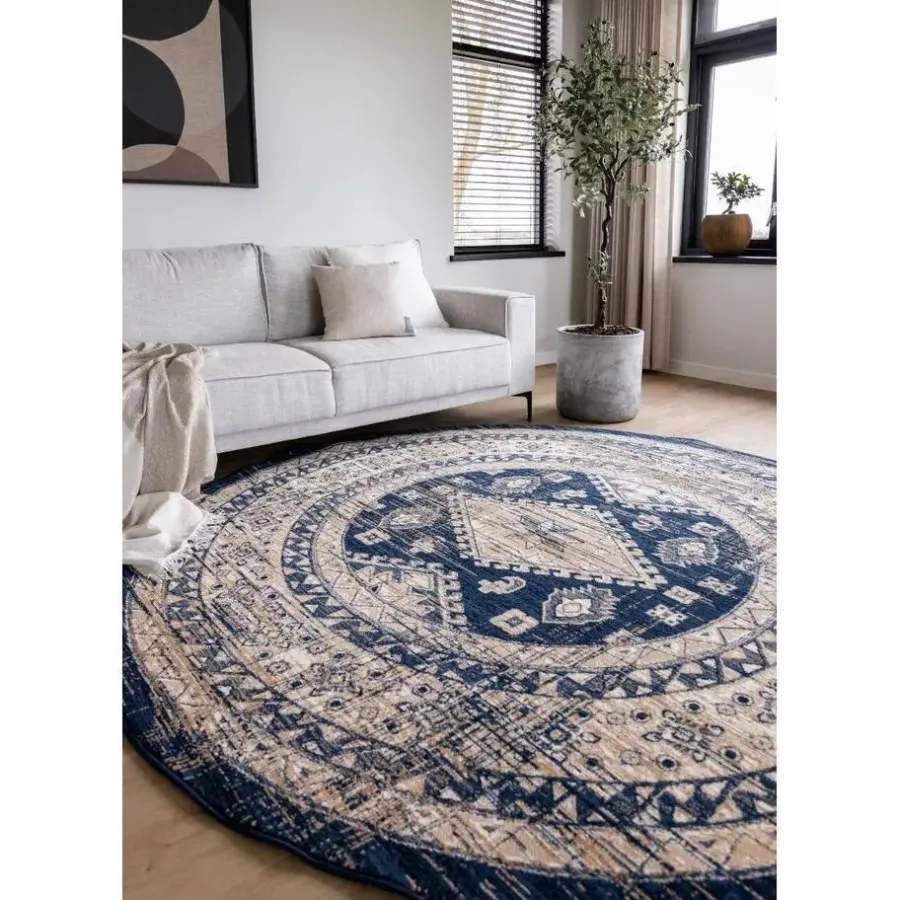 Vloerkleden|Laagpolige Vloerkleden-Interieur05 rond vintage vloerkleed Aila blauw - 120 x 120 cm