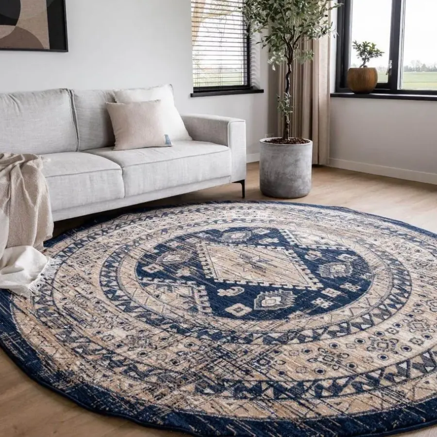 Vloerkleden|Laagpolige Vloerkleden-Interieur05 rond vintage vloerkleed Aila blauw - 120 x 120 cm