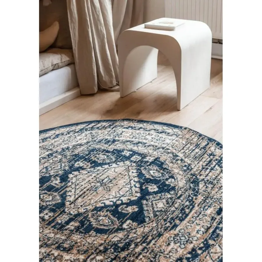 Vloerkleden|Laagpolige Vloerkleden-Interieur05 rond vintage vloerkleed Aila blauw - 120 x 120 cm