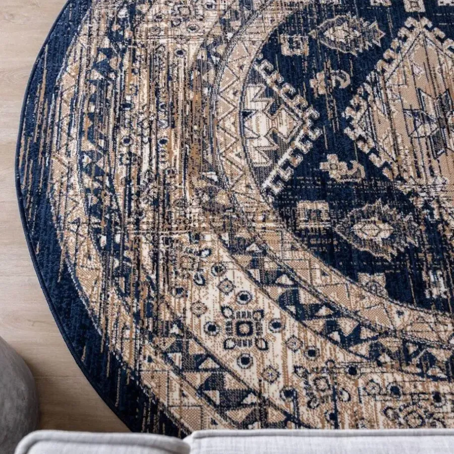 Vloerkleden|Laagpolige Vloerkleden-Interieur05 rond vintage vloerkleed Aila blauw - 120 x 120 cm