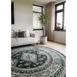 Vloerkleden|Laagpolige Vloerkleden-Interieur05 rond vintage vloerkleed Aila groen - 190 x 190 cm
