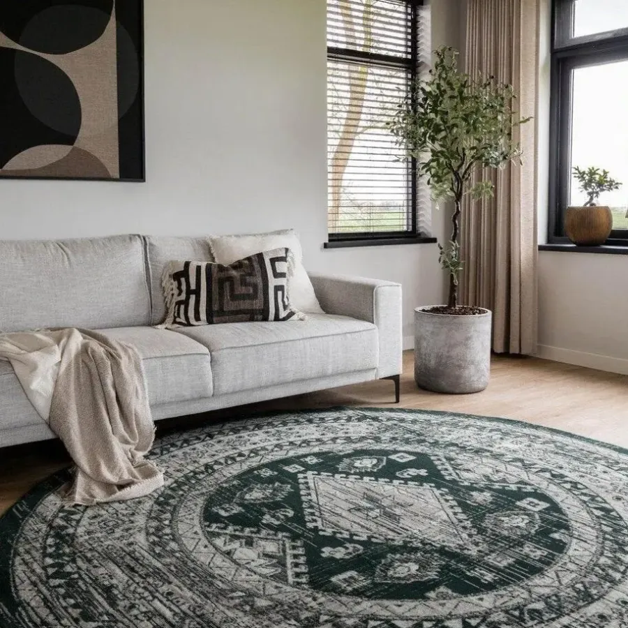 Vloerkleden|Laagpolige Vloerkleden-Interieur05 rond vintage vloerkleed Aila groen - 190 x 190 cm