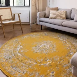 Ronde Vloerkleden-Interieur05 rond vloerkleed Keshan geel - 190 x 190 cm