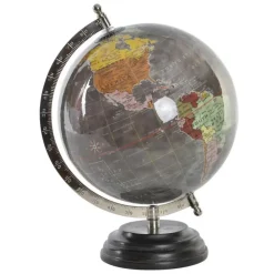 Beelden-Items Deco Wereldbol/globe op voet - kunststof - grijs - 20 x 28 cm