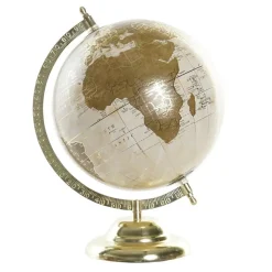Beelden-Items Deco Wereldbol/globe op voet - kunststof - creme/goud - 20 x 30 cm