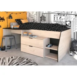 Parisot Kajuitbed Milky met bureau en lades - zwart/eik