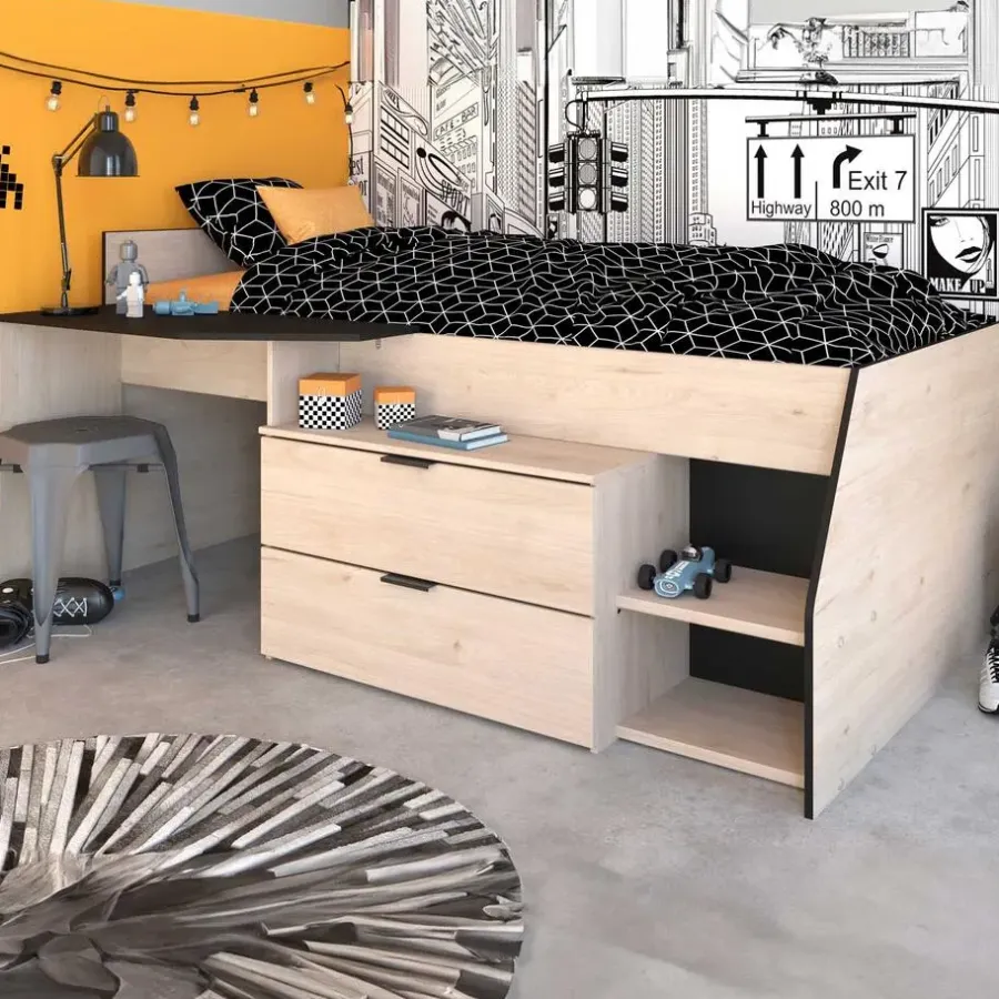 Parisot Kajuitbed Milky met bureau en lades - zwart/eik