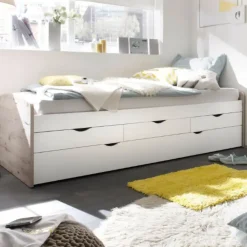 Emob Kajuitbed Nasri 90x200 met bedlade - zandeik/wit