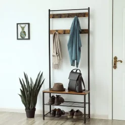 Kapstokken-Merkloos Kapstok met 9 Haken en Schoenenrek - 70x32x175cm - Zwart en Vintage bruin