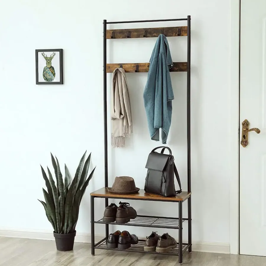 Kapstokken-Merkloos Kapstok met 9 Haken en Schoenenrek - 70x32x175cm - Zwart en Vintage bruin