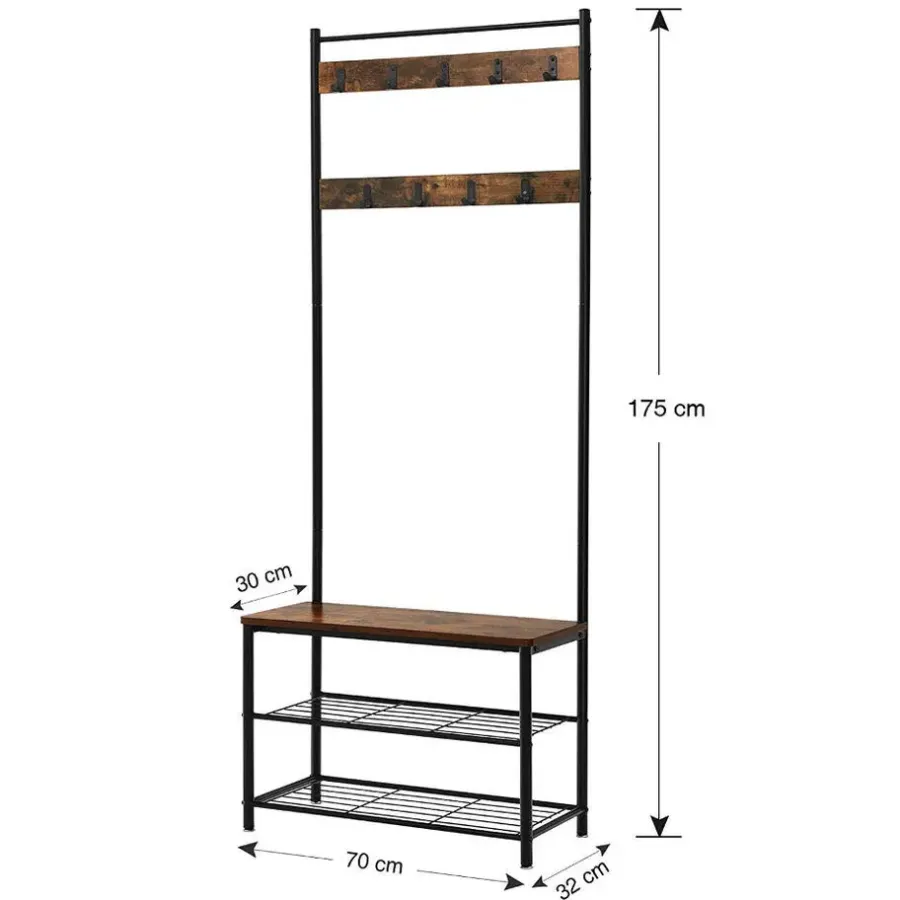 Kapstokken-Merkloos Kapstok met 9 Haken en Schoenenrek - 70x32x175cm - Zwart en Vintage bruin