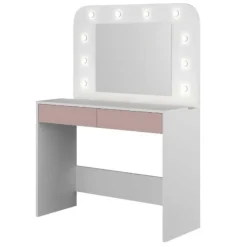 Trasman Kaptafel Holly met spiegel en verlichting 2 lades spaanplaat - wit/roze