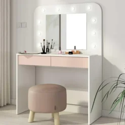 Trasman Kaptafel Holly met spiegel en verlichting 2 lades spaanplaat - wit/roze