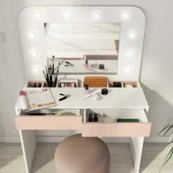 Trasman Kaptafel Holly met spiegel en verlichting 2 lades spaanplaat - wit/roze