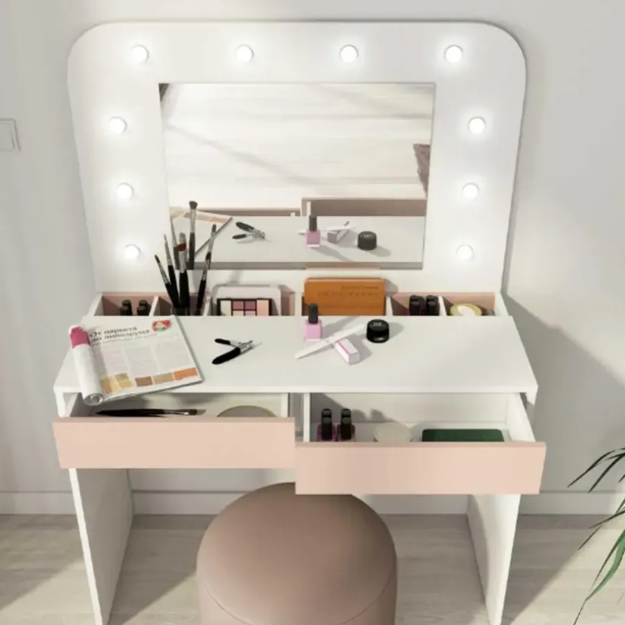 Trasman Kaptafel Holly met spiegel en verlichting 2 lades spaanplaat - wit/roze