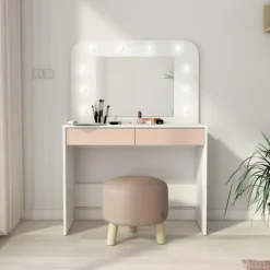 Trasman Kaptafel Holly met spiegel en verlichting 2 lades spaanplaat - wit/roze