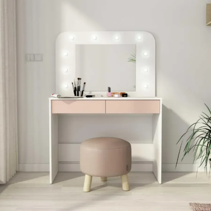 Trasman Kaptafel Holly met spiegel en verlichting 2 lades spaanplaat - wit/roze