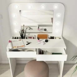 Kaptafels-Trasman Kaptafel Holly met spiegel en verlichting 2 lades spaanplaat - wit