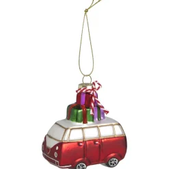 Kerstballen|Kerstdecoratie-Leen Bakker Kerst ornament Busje rood/wit glas - 6,8x6x3,5 cm