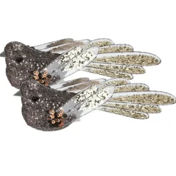 Kerstdecoratie-Merkloos Kerstboomversiering Vogel - 2x stuks - 10 cm - Bruin glitter