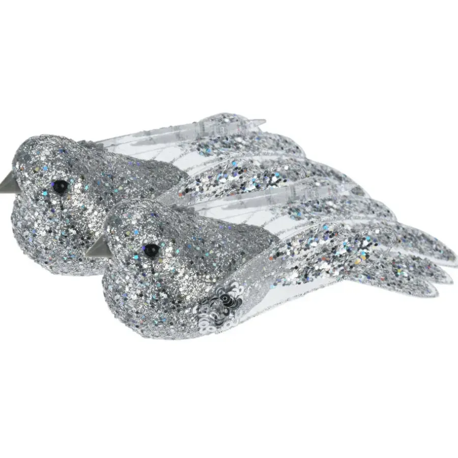 Kerstballen-Merkloos Kerstboomversiering Vogel - 2x stuks - 10 cm - Zilver glitter