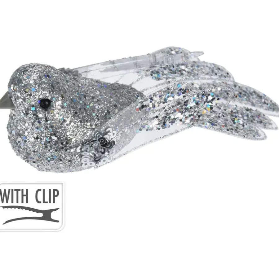 Kerstballen-Merkloos Kerstboomversiering Vogel - 2x stuks - 10 cm - Zilver glitter