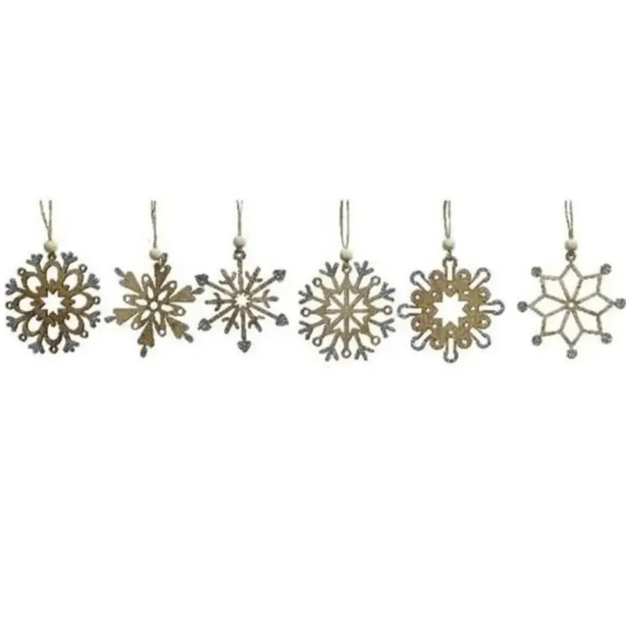 Merkloos Kersthangers - 6x - sneeuwvlokken - naturel - hout - 6 cm