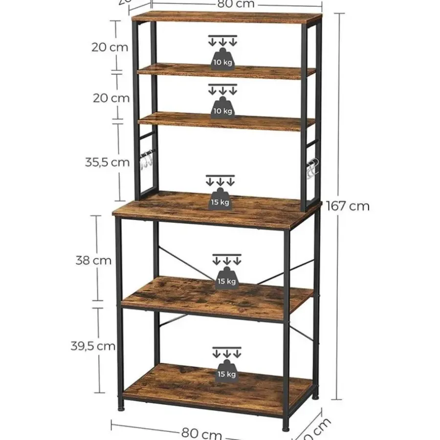 Wandkasten-Vasagle Keukenkast - Keukenrek staand - Industrieel - Bruin - Zwart - 80 x 40 x 167 cm