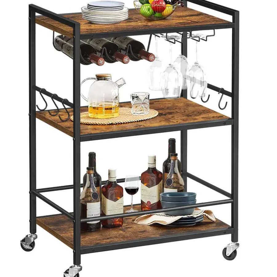 Trolleys-Merkloos Keukentrolley op Wieltjes - Serveerwagen - Bijzettafel - 3 planken - Bruin