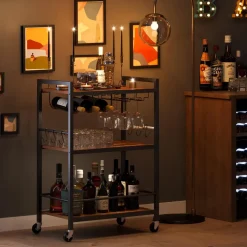 Trolleys-Merkloos Keukentrolley op Wieltjes - Serveerwagen - Bijzettafel - 3 planken - Bruin