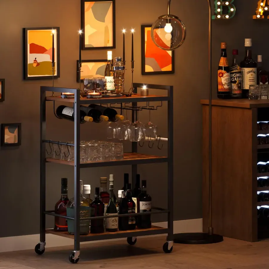 Trolleys-Merkloos Keukentrolley op Wieltjes - Serveerwagen - Bijzettafel - 3 planken - Bruin