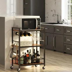 Trolleys-Merkloos Keukentrolley op Wieltjes - Serveerwagen - Bijzettafel - 3 planken - Bruin