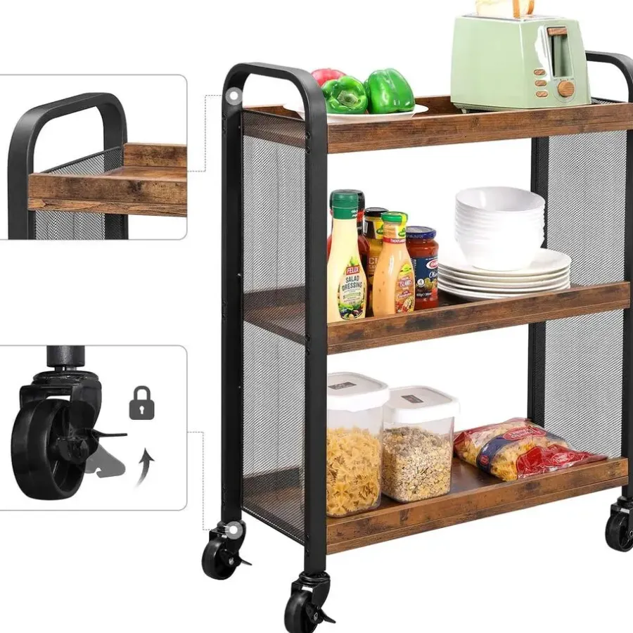 Trolleys-Vasagle Keukentrolley Xenia 3 legplanken - rustiek bruin/zwart