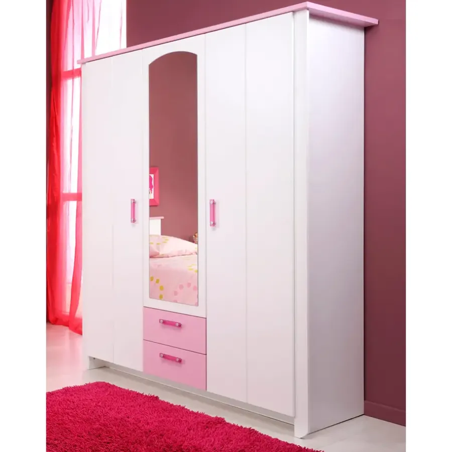 Kinderkledingkasten-Leen Bakker Kledingkast kast Kiki - wit/roze 181x136x56 cm