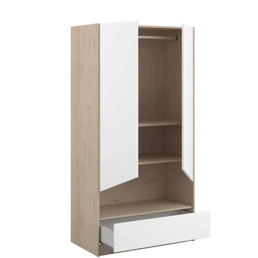 Kinderkledingkasten-Parisot Kledingkast Shelby met 2 deuren en 1 lade - eik/wit