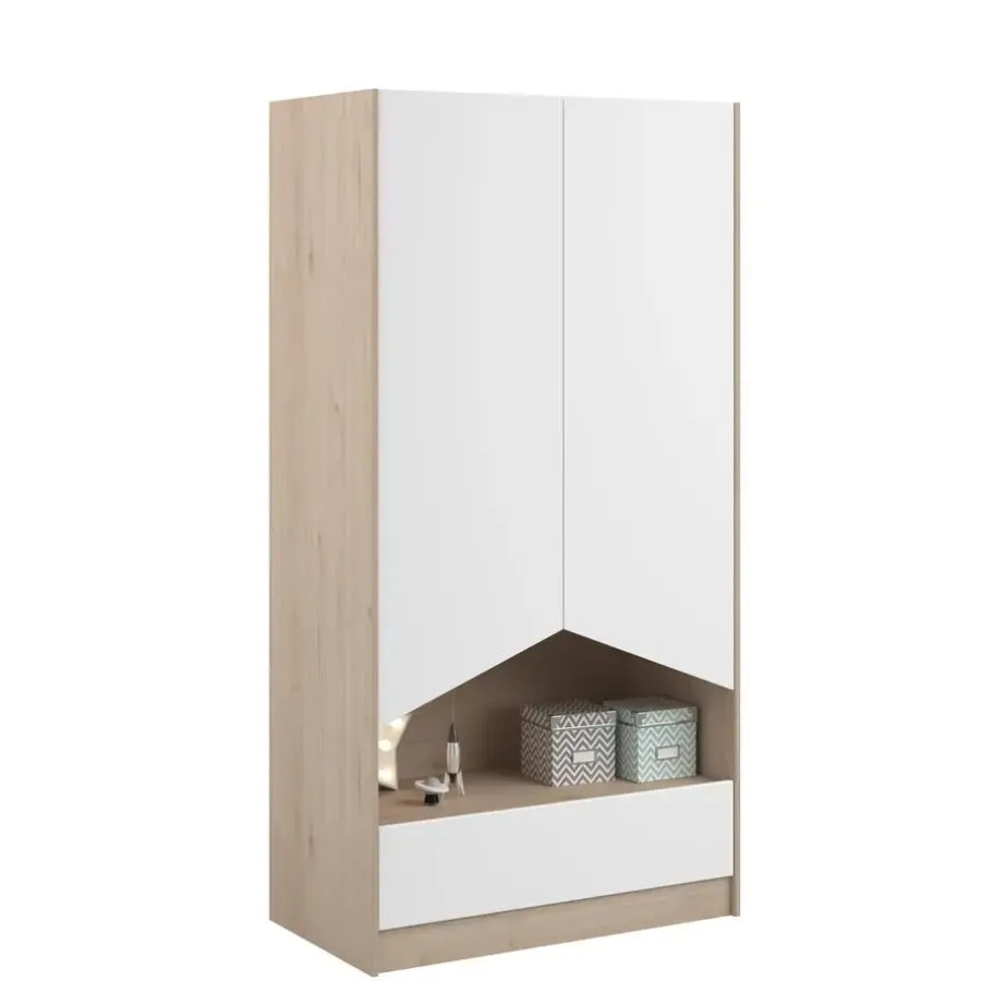 Kinderkledingkasten-Parisot Kledingkast Shelby met 2 deuren en 1 lade - eik/wit