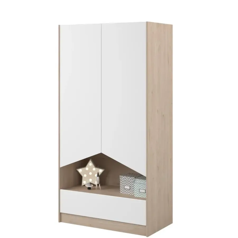Kinderkledingkasten-Parisot Kledingkast Shelby met 2 deuren en 1 lade - eik/wit
