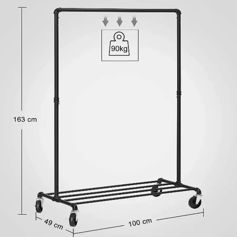 Kledingopbergers|Kledingrekken-Dok Home Kledingrek op wieltjes - Metaal - Incl. plank - tot 90 kg - Zwart