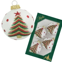Kerstballen-Krebs kerstballen - 4x stuks - wit met kerstboom - glas - 7 cm
