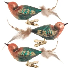 Kerstdecoratie-Krebs Vogels - decoratief glas - 3x - op clip - groen-bruin - 11 cm