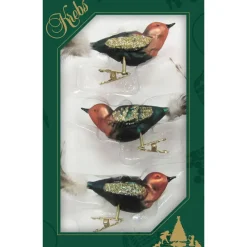 Kerstdecoratie-Krebs Vogels - decoratief glas - 3x - op clip - groen-bruin - 11 cm
