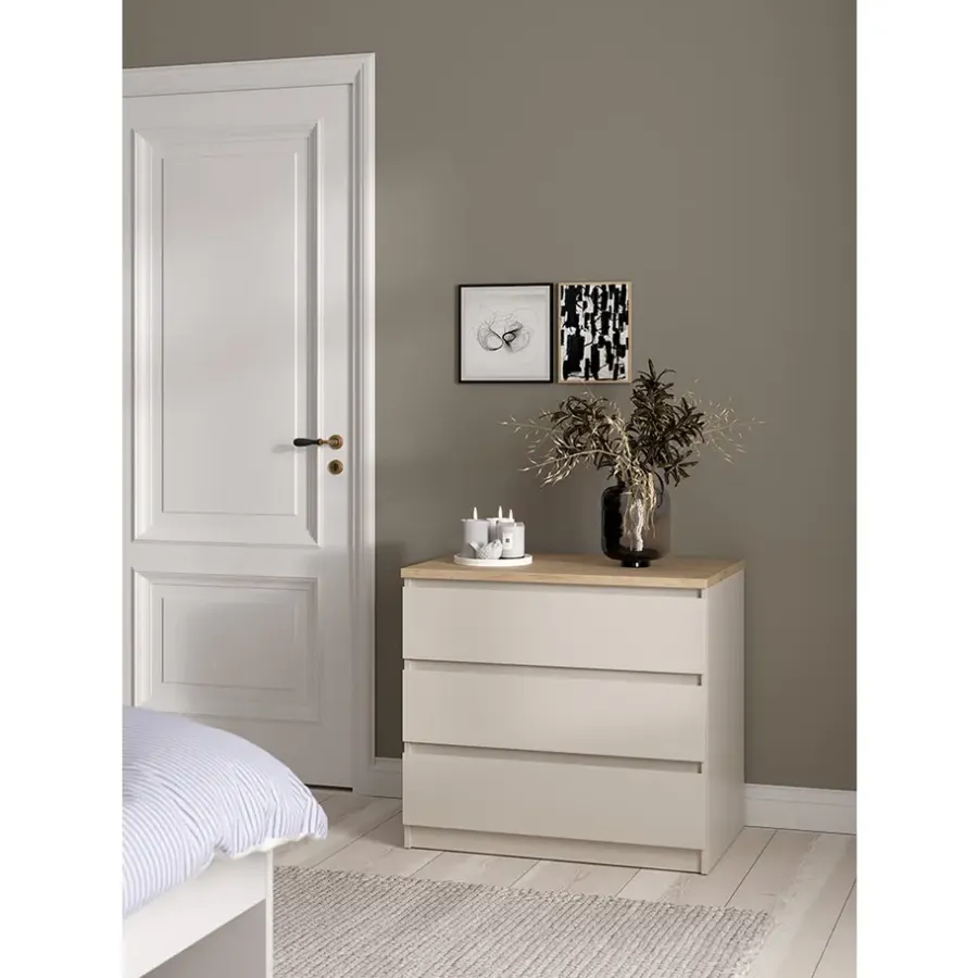 Leen Bakker Ladekast Naia 3 lades - greige/eiken - 70,1x77x50 cm